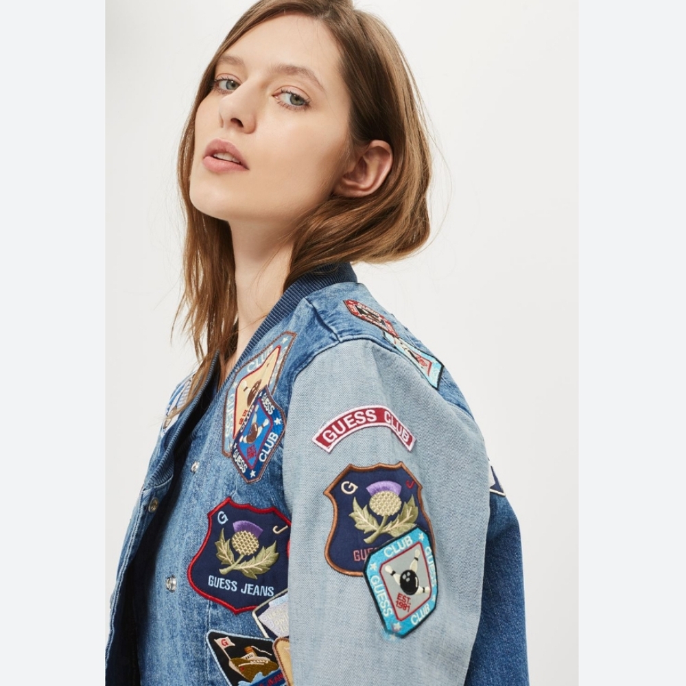 RARE Guess Denim Jean Varcity Bomber Biker Patched Jacket